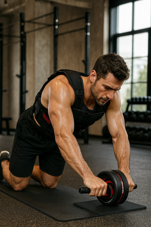 Man exercising with an ab roller in a gym setting
