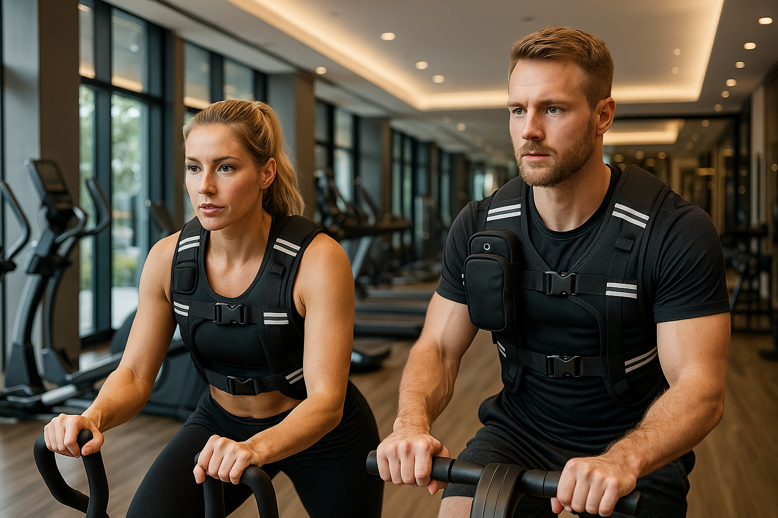 Men and women wearing weighted training vest.