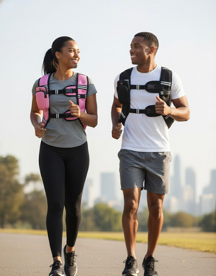 Two people walking outdoors with fitness vests on a cityscape background