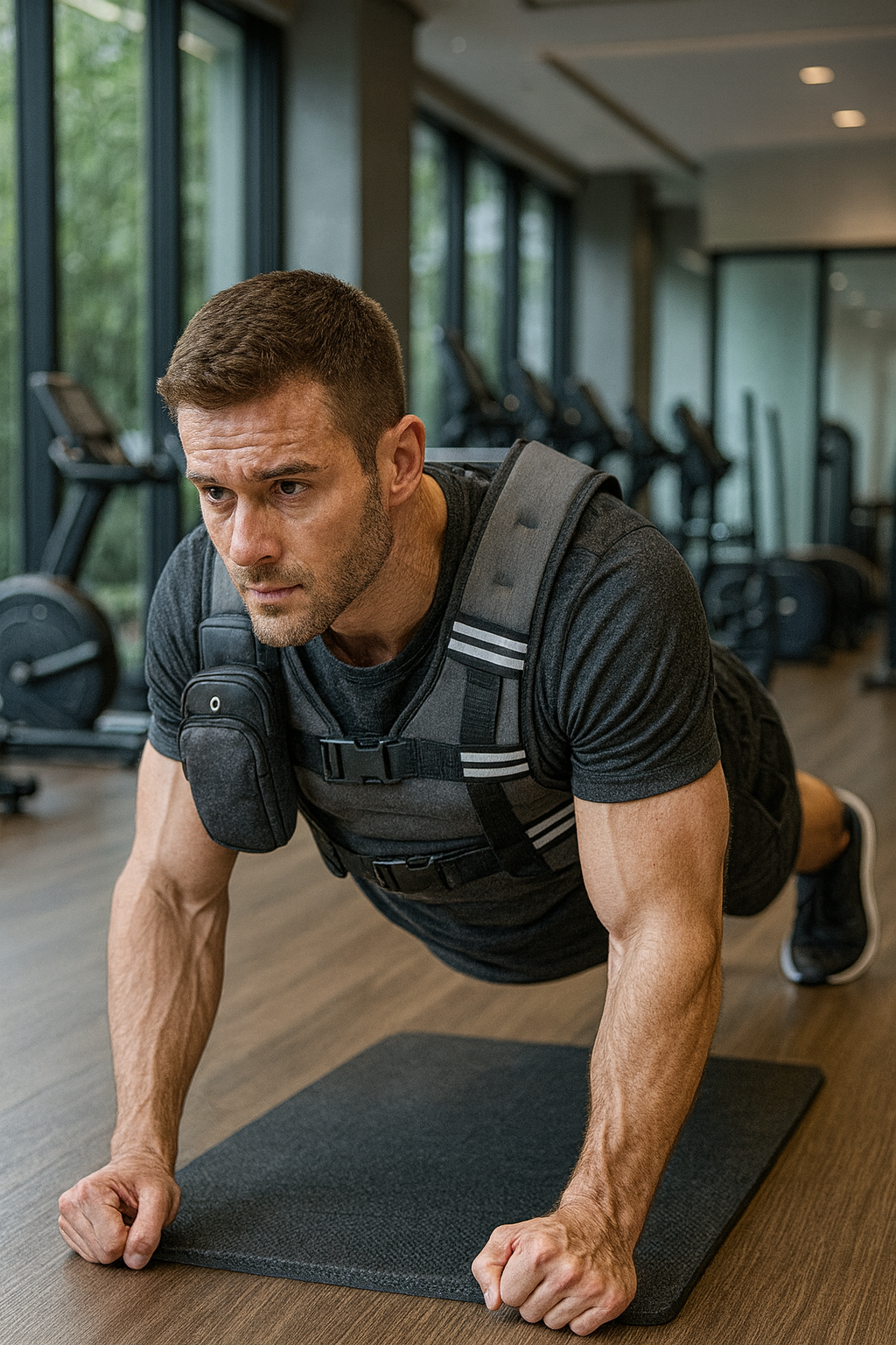 Man performing a plank with the weighted vest.